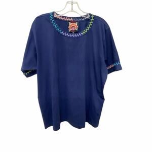 Johnny Was Size XL Multicolor Crochet-Stitch Cotton Crew Neck Tee